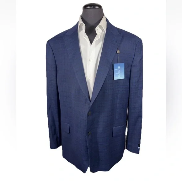 NWT KENNETH COLE CHILLFLEX BLUE CHECK HALF LINED PEAK LAPEL BLAZER 48R - Picture 2 of 13